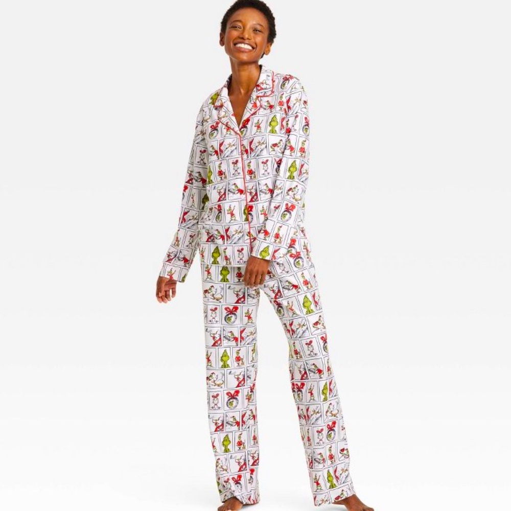 Women's Family Sleep Grinch Coat and Pants Pajama Set - White